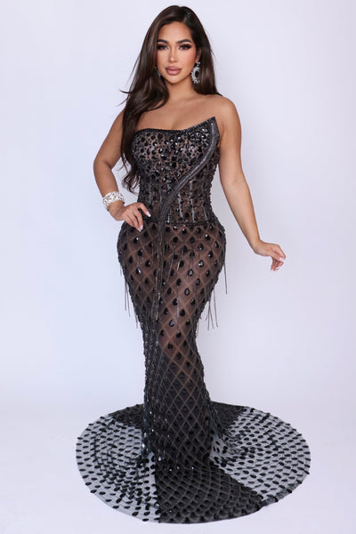 Devotion black mesh gown with oversized crystal and rhinestone chain overlay – Angel Brinks Fashion