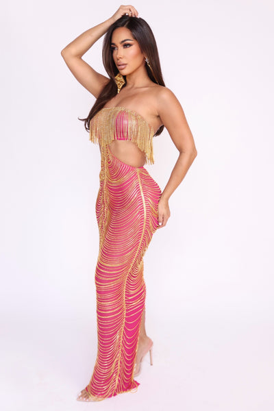 Model in Dazzle Duo dress, sideview of dress
