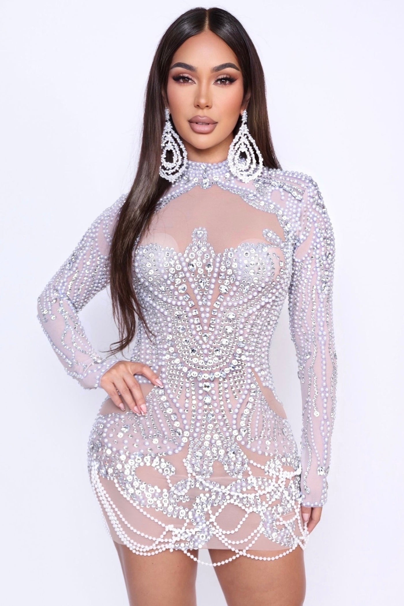Front view of Angel Brinks Delicate Dream mini dress – sheer mesh with pearls and crystals