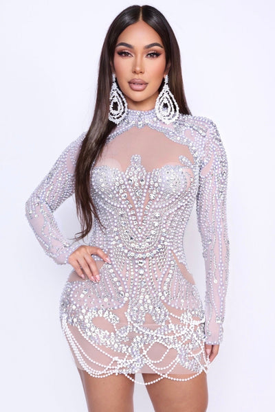 Front view of Angel Brinks Delicate Dream mini dress – sheer mesh with pearls and crystals