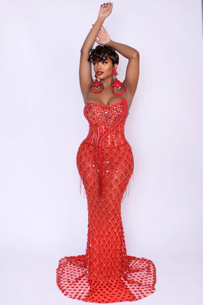 Devotion red mesh gown with oversized crystal and rhinestone chain overlay – Angel Brinks Fashion