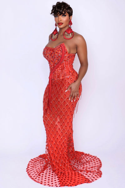 Close-up of Devotion gown crystal embellishments and mesh texture – Angel Brinks Fashion