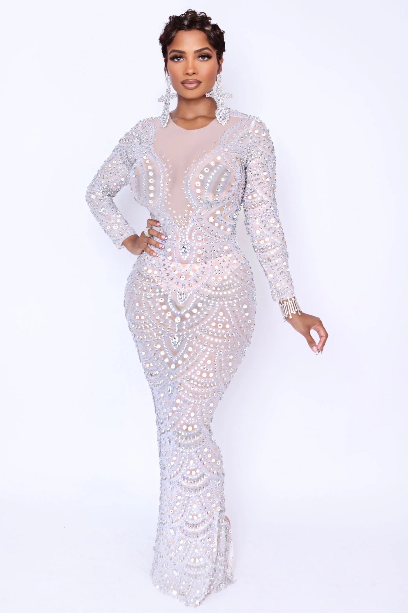 Model wearing Endless rhinestone mesh gown