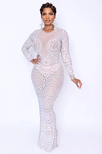 Model wearing Endless rhinestone mesh gown