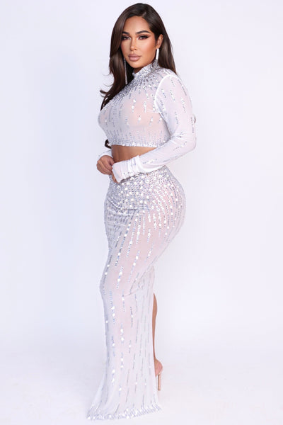 Model wearing Muse Mesh rhinestone two piece set 