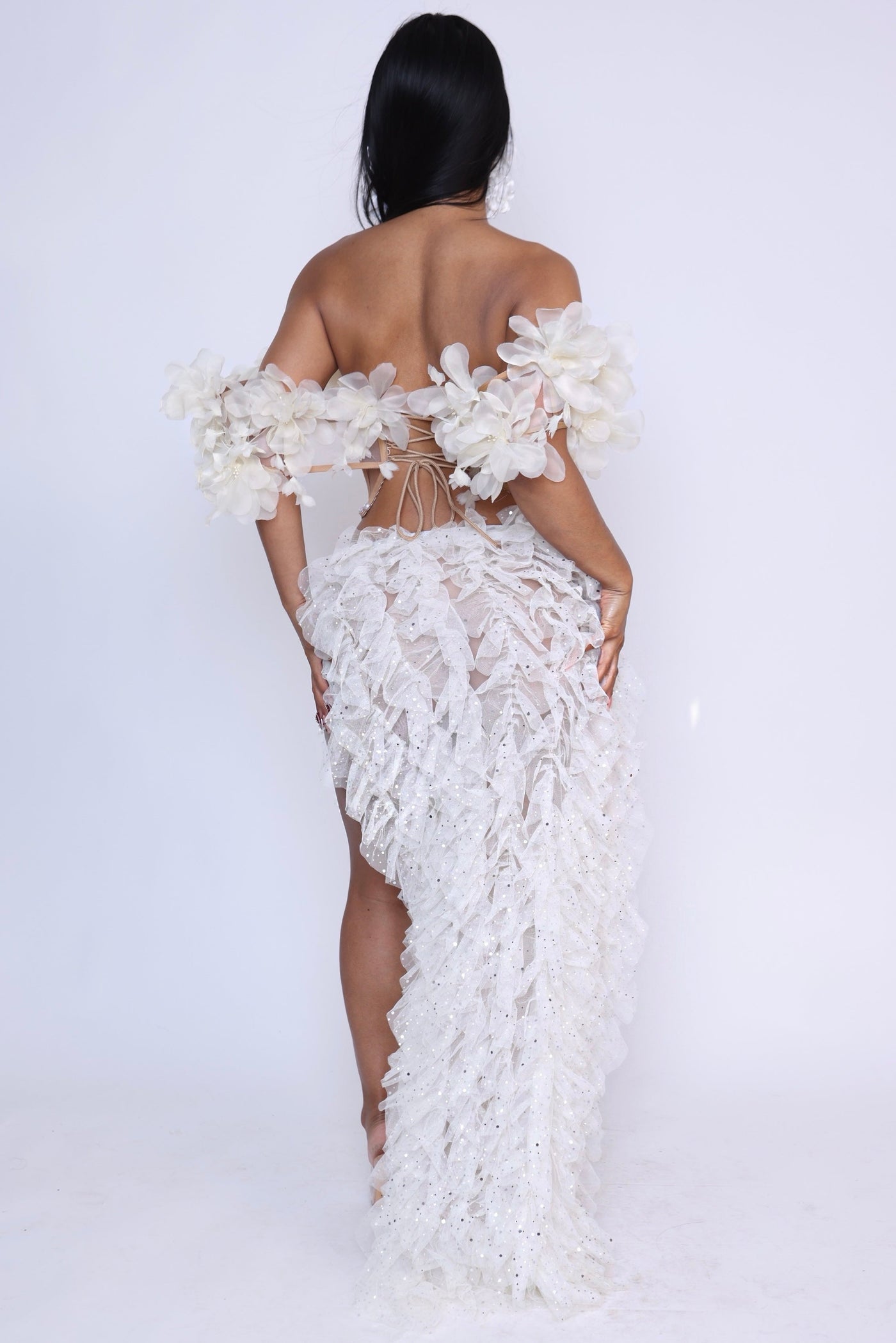 Back view of model in Engaged corset set