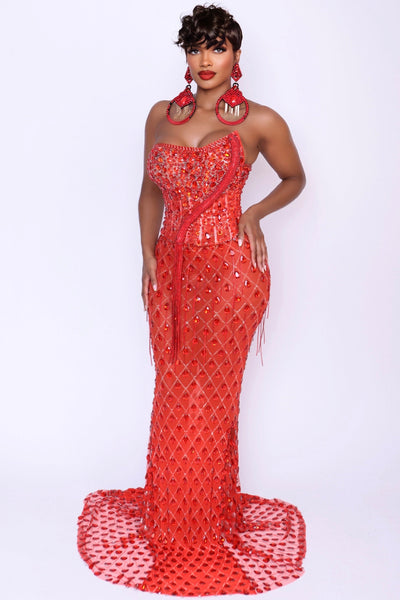 Devotion red mesh gown with oversized crystal and rhinestone chain overlay – Angel Brinks Fashion