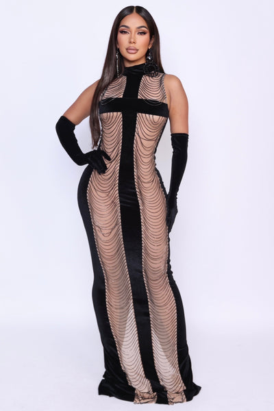 Model wearing Velvet Demure dress