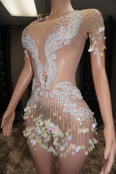 Close-up wearing Motivation sheer mesh leotard 