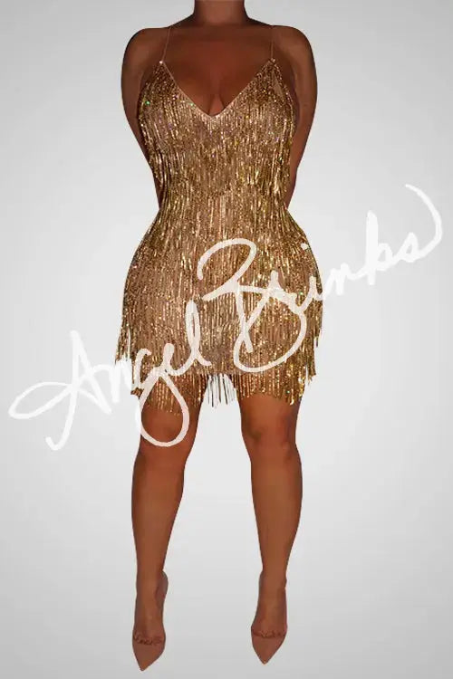 Fringe Rhinestone Mesh Dress-Stadium Status(Gold)-standout glam look for special occasions | Large (10-14)