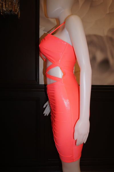Side profile showing the sleek silhouette, open sides near the bust, and fitted structure with slight stretch.