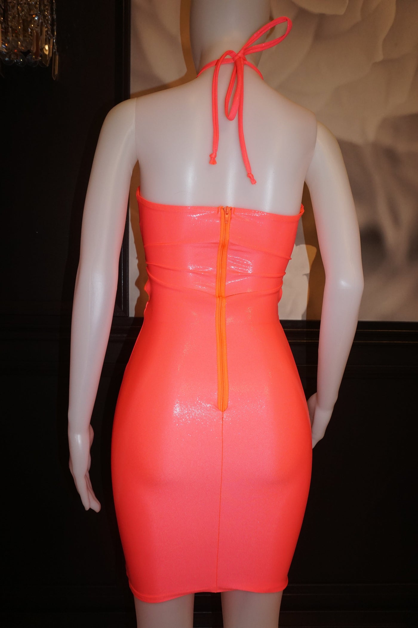 Back view of the dress displaying the closed-back halter design and back zipper closure for a secure, flattering fit.