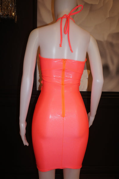 Back view of the dress displaying the closed-back halter design and back zipper closure for a secure, flattering fit.