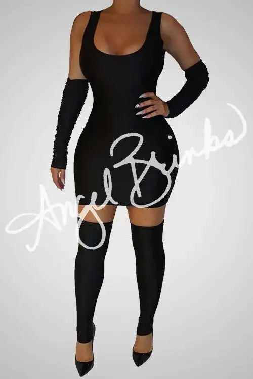 Model wearing a sleek black stretch lycra mini dress with matching arm sleeves and thigh-highs, showcasing a body-hugging tank-style fit.