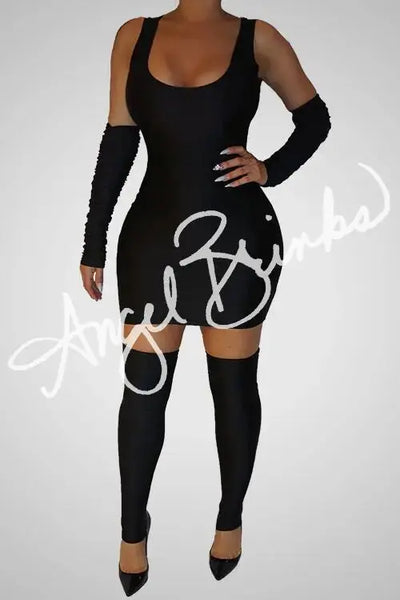 Model wearing a sleek black stretch lycra mini dress with matching arm sleeves and thigh-highs, showcasing a body-hugging tank-style fit.